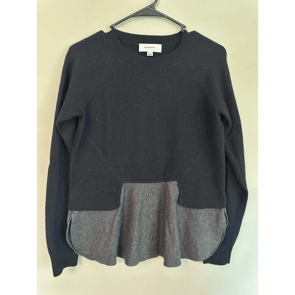Carven 100% Wool SMALL Layered Sweater Crew Neck Navy Blue Dress Shirt Structure